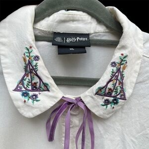 Harry Potter Embroidered Ivory Shirt with Purple Ribbon 🎀 Accents Elegant XL